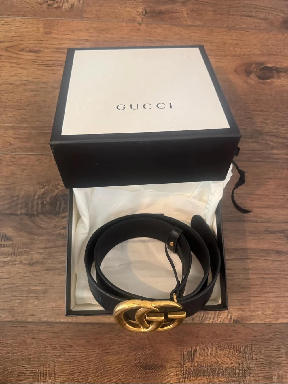 Gucci Black Leather Belt with Gold Double G Buckle